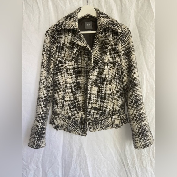 Georgio Armani Exchange Double Breasted Plaid Tweed Pea Coat Jacket size XS - Picture 3 of 16